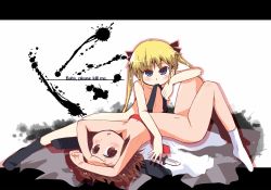 Rule 34 | 2girls, blonde hair, blush, brown eyes, brown hair, copyright name, hys-d, kill me baby, knife, mouth hold, multiple girls, necktie, nude, open mouth, oribe yasuna, sonya (kill me baby)