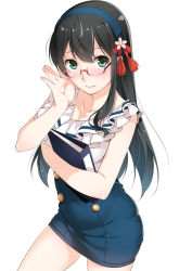 Rule 34 | 10s, 1girl, adjusting eyewear, black hair, blue eyes, blue hairband, blush, book, casual, cowboy shot, ello, female focus, folder, frills, glasses, green eyes, hair ornament, hairband, highres, holding, holding book, kantai collection, long hair, looking at viewer, looking over eyewear, ooyodo (kancolle), simple background, solo, white background