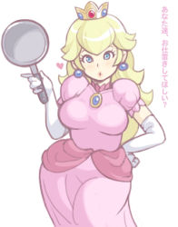 Rule 34 | 1girl, bad id, bad pixiv id, blonde hair, blue eyes, breasts, crown, curvy, dress, earrings, elbow gloves, frying pan, gloves, hand on own hip, heart, hip focus, jewelry, large breasts, long hair, maou alba, mario (series), nintendo, pink dress, princess peach, solo, super mario rpg, thick thighs, thighs, translated, white gloves, wide hips
