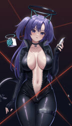 Rule 34 | 1girl, absurdres, alternate costume, black bodysuit, black choker, black gloves, blue archive, blue eyes, blue hair, blush, bodysuit, breasts, cat tail, chisi, choker, cleavage, collarbone, cowboy shot, elbow gloves, fingerless gloves, gloves, halo, highres, holding, large breasts, long hair, looking at viewer, navel, parted bangs, parted lips, solo, tail, thigh strap, thighs, two side up, unzipped, yuuka (blue archive)