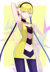 Rule 34 | 1girl, arm behind head, arm up, armpits, black choker, blonde hair, blunt bangs, cable, choker, collarbone, commentary request, cowboy shot, creatures (company), elesa (pokemon), game freak, grey eyes, headphones, highres, kana (kanna runa0620), looking at viewer, nintendo, pantyhose, parted lips, pokemon, pokemon bw, presenting armpit, short hair, solo, yellow background