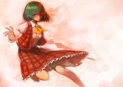 Rule 34 | 1girl, absurdres, bad id, bad pixiv id, female focus, glowing, glowing eye, green hair, highres, kazami yuuka, light trail, open clothes, open vest, outstretched hand, red eyes, shirt, short hair, skirt, skirt set, smirk, sola7764, solo, touhou, vest