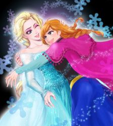 Rule 34 | 2girls, :d, anna (frozen), bad id, bad pixiv id, bare shoulders, blonde hair, blue dress, braid, cape, dress, dutch angle, elsa (frozen), eyeshadow, frozen (disney), hand on another&#039;s head, hug, long hair, long sleeves, makeup, mr.jj, multiple girls, open mouth, princess, queen, sequins, siblings, sisters, smile, twin braids, wince, wink
