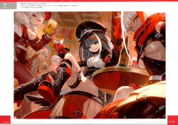 Rule 34 | 5girls, absurdres, admiral graf spee (azur lane), admiral hipper (azur lane), ahoge, alcohol, antenna hair, armband, azur lane, banner, barrel, beer, beer mug, belt, black hair, black headwear, blonde hair, blue eyes, blunt bangs, blush, boots, bottle, bra, bra peek, breasts, choker, cleavage, commentary request, covered mouth, cropped jacket, cross, cross-laced footwear, crossed legs, cup, deutschland (azur lane), drinking glass, drunk, food, fork, fur trim, gauntlets, gloves, goggles, goggles on headwear, graf zeppelin (azur lane), green eyes, gun, hair between eyes, handgun, hat, headgear, high heel boots, high heels, highres, holding, holding cup, holding fork, holding gun, holding weapon, indoors, iron cross, knee boots, lace-up boots, lack, large breasts, leaning, lingerie, long hair, long sleeves, looking at viewer, military, military uniform, mole, mug, multicolored hair, multiple girls, o-ring, open mouth, pantyhose, peaked cap, prinz eugen (azur lane), red eyes, red hair, red scarf, sausage, scarf, sharp teeth, shirt, short hair, short sleeves, sidelocks, sitting, sitting on object, skirt, smile, smirk, smoke, steam, streaked hair, tareme, teeth, thigh strap, thighs, trigger discipline, tsurime, two side up, underboob, underwear, uniform, very long hair, weapon, white bra, white shirt, wine, wine glass