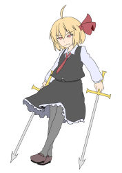 Rule 34 | 1girl, blonde hair, blouse, dual wielding, fang, fang out, frilled skirt, frills, hair ribbon, holding, mousoumousoumousou, necktie, pantyhose, red eyes, red necktie, ribbon, rumia, shirt, short hair, skirt, smile, sword, touhou, vest, weapon