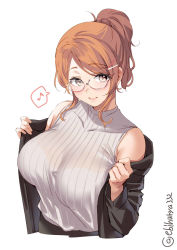 Rule 34 | 1girl, alternate costume, aquila (kancolle), bare shoulders, black jacket, black skirt, blush, bra visible through clothes, breasts, brown shirt, casual, closed mouth, ebifurya, glasses, hair ornament, hairclip, high ponytail, highres, jacket, kantai collection, large breasts, lips, long hair, looking at viewer, music, musical note, off shoulder, one-hour drawing challenge, open clothes, orange hair, ponytail, shirt, simple background, singing, skirt, sleeveless, sleeveless shirt, smile, solo, striped clothes, striped shirt, sweater, swept bangs, twitter username, undressing, upper body, vertical-striped clothes, vertical-striped shirt, wavy hair, white background, yellow eyes