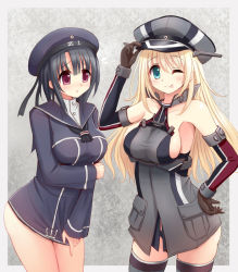 Rule 34 | 2girls, ;p, akisame rizu, alternate costume, aqua eyes, atago (kancolle), bare shoulders, bismarck (kancolle), bismarck (kancolle) (cosplay), black hair, blonde hair, breasts, clothes writing, cosplay, covering crotch, covering privates, hat, kantai collection, large breasts, long hair, looking at viewer, md5 mismatch, multiple girls, one eye closed, peaked cap, purple eyes, sailor hat, short hair, sideboob, takao (kancolle), thighhighs, tongue, tongue out, z1 leberecht maass (kancolle), z1 leberecht maass (kancolle) (cosplay)