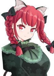 Rule 34 | 1girl, adda, animal ear fluff, animal ears, black bow, black bowtie, blunt bangs, bow, bowtie, braid, breasts, cat ears, cat tail, closed mouth, dress, extra ears, frills, green dress, hair bow, hair ribbon, head tilt, highres, juliet sleeves, kaenbyou rin, lace trim, light blush, light smile, long hair, long sleeves, looking at viewer, medium breasts, multiple tails, nekomata, puffy sleeves, red eyes, red hair, ribbon, simple background, solo, tail, touhou, tress ribbon, twin braids, twintails, two tails, upper body, white background