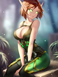 Rule 34 | 1girl, artist name, bare arms, bare shoulders, belt, between legs, black thighhighs, blood elf (warcraft), blurry, blurry background, breasts, brown hair, cleavage, collarbone, commentary, earrings, elf, english commentary, flask, gigamessy, green eyes, hand between legs, jewelry, large breasts, light particles, looking at viewer, no pupils, o-ring, pointy ears, short hair, sitting, solo, thighhighs, warcraft, world of warcraft