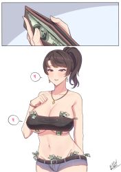 Rule 34 | 1girl, arm behind back, artist name, band-width, banknote, belt, black bra, blue shorts, bra, bracelet, breasts, brown hair, cleavage, comic, denim, denim shorts, dollar bill, dollar sign, earrings, gyaru, hand up, heart, highres, holding, holding wallet, jewelry, kogal, large breasts, looking at viewer, mature female, midriff, money, navel, necklace, original, personification, pink eyes, ponytail, short shorts, shorts, solo, spoken heart, standing, tucked money, underboob, underwear, wallet, wristband