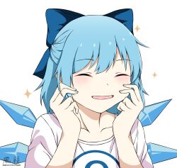 Rule 34 | 1girl, absurdres, alternate costume, blue bow, blue hair, bow, circled 9, cirno, closed eyes, collared shirt, commentary, detached wings, facing viewer, furai art, hair bow, highres, ice, ice wings, open mouth, shirt, short hair, simple background, solo, star (symbol), touhou, upper body, white background, wings