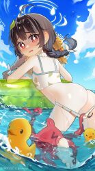 Rule 34 | &gt; &lt;, 1girl, absurdres, ahoge, ass, bare arms, bare legs, bare shoulders, barefoot, bent over, bikini, black hair, blue archive, blue sky, braid, bright pupils, cloud, day, flat chest, floating hair, furrowed brow, green innertube, hair ribbon, halo, hat, highres, innertube, kneeling, leaf, leaf on head, leaf print, long hair, looking at viewer, looking back, miyu (blue archive), miyu (swimsuit) (blue archive), octopus, open mouth, outdoors, print bikini, red eyes, reiko lape, ribbon, rubber duck, sky, straw hat, swim ring, swimsuit, tears, twin braids, twitter username, umbrella octopus, water, wavy eyes, wavy mouth, white halo, white pupils, white ribbon, yellow headwear