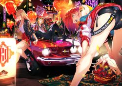 Rule 34 | 1boy, 2girls, absurdres, alcohol, ankle boots, ass, baozi, black footwear, black jacket, black pants, black shorts, blonde hair, blue eyes, blurry, blurry background, boots, bottle, car, commentary, depth of field, dress shirt, earrings, eating, english text, eyewear on head, food, food in mouth, foot up, ford, ford mustang, ford mustang (1st generation), hands on own knees, highres, holding, holding bottle, jacket, jewelry, lantern, leaning back, leaning forward, leg tattoo, letterman jacket, lion dance, long hair, long sleeves, looking at viewer, looking back, micro shorts, miniskirt, monq, motor vehicle, multiple girls, neon lights, night, nike (company), off shoulder, on vehicle, open clothes, open jacket, open mouth, original, outdoors, pants, paper lantern, pleated skirt, red hair, red jacket, red skirt, shirt, shoes, short hair, short sleeves, shorts, shoulder tattoo, sitting, skirt, sleeveless, sleeveless shirt, smirk, sneakers, standing, tattoo, vehicle request, white shirt, yellow shirt