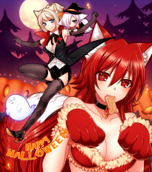 Rule 34 | 3girls, aika (konshin), animal ears, animal hands, bare shoulders, blonde hair, blue eyes, breasts, chibi, cleavage, dog biscuit, elbow gloves, fang, fox ears, fox tail, full moon, gloves, halloween, happy halloween, hat, konshin, long hair, medium breasts, moon, mouth hold, multiple girls, opera the vermelho, original, paw gloves, pet food, phantasy star, phantasy star online 2, pixiv fantasia, pixiv fantasia sword regalia, purple eyes, red eyes, red hair, short hair, tail, thighhighs, white hair, witch hat, wolf ears, wolf tail, zero (konshin)