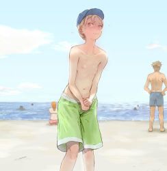 Rule 34 | 1boy, 2girls, @ @, absurdres, baseball cap, beach, blonde hair, blue male swimwear, blue sky, blue swim trunks, chain chronicle, covering privates, covering crotch, crossdressing, day, drawstring, embarrassed, exhibitionism, feet out of frame, flying sweatdrops, green male swimwear, green swim trunks, hat, highres, koguchi shizuko, leaning forward, looking at viewer, male swimwear, male swimwear challenge, multiple girls, nipples, ocean, public indecency, red eyes, reverse trap, sky, solo focus, swim trunks, swimsuit, tolomea (chain chronicle), topless, water, wavy mouth