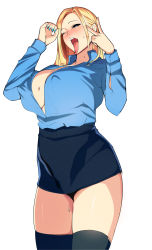 Rule 34 | 1girl, absurdres, black thighhighs, blonde hair, blue eyes, blue nails, blush, breasts, cleavage, covered erect nipples, fellatio gesture, highres, kuma8132, large breasts, long hair, long tongue, looking at viewer, nail polish, one eye closed, open mouth, original, pencil skirt, simple background, skirt, solo, sweat, teeth, thighhighs, tongue, tongue out, v, white background