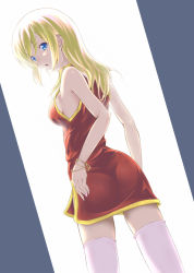 Rule 34 | 1girl, armpits, arms at sides, ass, bangle, bare arms, bare shoulders, bit (keikou syrup), blonde hair, blue eyes, blush, bracelet, breasts, china dress, chinese clothes, cowboy shot, door, dress, dutch angle, from behind, jewelry, legs apart, long hair, looking at viewer, looking back, medium breasts, nail polish, no bra, open mouth, original, pink nails, pink thighhighs, red dress, shiny skin, sideboob, sidelocks, skindentation, solo, standing, tareme, thighhighs, zettai ryouiki