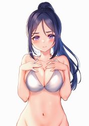 Rule 34 | 1girl, absurdres, bikini, blue eyes, blue hair, blush, breasts, cleavage, highres, horse tail, huge filesize, large breasts, long hair, looking at viewer, love live!, love live! sunshine!!, matsuura kanan, md5 mismatch, moyui (myi 005), navel, open mouth, resized, resolution mismatch, simple background, solo, swimsuit, tail, upscaled, white background