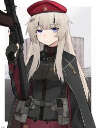 Rule 34 | 1girl, absurdres, ak-74m, ak74m (girls&#039; frontline), assault rifle, beret, breasts, building, camouflage cloak, camouflage gloves, ear protection, gamryous, girls&#039; frontline, gun, hair ornament, hat, highres, holding, holding gun, holding weapon, kalashnikov rifle, light brown hair, long hair, looking afar, medium breasts, purple eyes, red star, revision, rifle, russia, russian flag, simple background, snowflake hair ornament, solo, star (symbol), tactical clothes, weapon