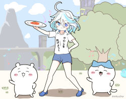 Rule 34 | 1girl, animal, beamed eighth notes, beamed sixteenth notes, blue eyes, blue footwear, blue hair, blue shorts, blue sky, building, cat, closed mouth, cloud, commentary request, crocs, day, eighth note, eyes visible through hair, food request, furina (genshin impact), genshin impact, hair between eyes, hand on own hip, heterochromia, holding, holding plate, mitya, multicolored hair, musical note, outdoors, plate, purple eyes, quarter note, shadow, shirt, short shorts, short sleeves, shorts, sky, smile, standing, streaked hair, translation request, tree, twitter username, white hair, white shirt