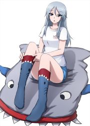 Rule 34 | 1girl, :o, adjusting clothes, adjusting legwear, animal-shaped pillow, blue eyes, blue shorts, blue socks, casual, commentary, english text, flint (girls und panzer), full body, girls und panzer, highres, long hair, looking at viewer, omachi (slabco), on pillow, open mouth, pillow, print shirt, print socks, shadow, shark print, shirt, short shorts, short sleeves, shorts, silver hair, sitting, socks, solo, swept bangs, t-shirt, white background, white shirt