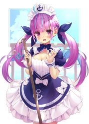 Rule 34 | 1girl, :d, anchor symbol, blue bow, blue dress, blue hair, blue nails, blue ribbon, blush, bow, braid, breasts, cleavage, commentary request, dress, frilled dress, frills, hair ribbon, hands up, highres, hololive, long hair, looking at viewer, maid headdress, medium breasts, minato aqua, minato aqua (1st costume), multicolored hair, nail polish, open mouth, pink hair, puffy short sleeves, puffy sleeves, purple eyes, railing, ribbon, short sleeves, smile, solo, tokoshibyra, twintails, two-tone hair, very long hair, virtual youtuber, white bow, wrist cuffs