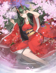 Rule 34 | 1girl, absurdres, ahoge, barefoot, blurry, blurry foreground, breasts, closed mouth, commentary request, commission, fingernails, floral print, flower, from above, full body, green hair, hair between eyes, hands up, highres, horns, japanese clothes, kimono, long fingernails, long hair, long sleeves, looking at viewer, lying, medium breasts, nail polish, obi, on side, one eye closed, oni, oni horns, original, petals, pink flower, pixiv commission, print kimono, red eyes, red kimono, red nails, rubbing eyes, sash, sharp fingernails, solo, taba comya, wide sleeves