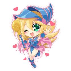 Rule 34 | 1girl, artist request, bare legs, bare shoulders, blonde hair, boots, breasts, chibi, dark magician girl, duel monster, female focus, green eyes, happy, hat, legs, long hair, looking at viewer, magical girl, medium breasts, open mouth, skirt, smile, solo, standing, wand, wink, wizard hat, yu-gi-oh!, yuu-gi-ou, yu-gi-oh! duel monsters