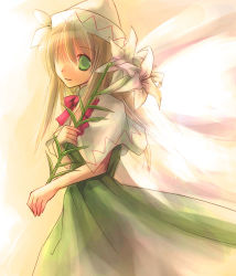 Rule 34 | 1girl, asahina, blonde hair, dress, female focus, flower, green eyes, hat, lily (flower), lily white, lowres, solo, touhou, wings