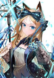 Rule 34 | &gt;:), 1girl, animal ear fluff, animal ears, arknights, black bow, black jacket, black ribbon, blonde hair, blue eyes, blue flower, blue hair, blue rose, bow, braid, cat ears, cat girl, closed mouth, emblem, flower, frilled sleeves, frills, glowing, hair bow, hair flower, hair ornament, highres, holding, holding staff, iris (arknights), jacket, lims (neko2lims), long sleeves, looking at viewer, multicolored hair, neck ribbon, open clothes, open jacket, parted bangs, petals, ribbon, ringlets, rose, side braid, smile, solo, staff, two-tone hair, upper body