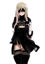 Rule 34 | 1girl, absurdres, arms behind back, blindfold, blonde hair, breasts, cleavage, cosplay, goblin slayer!, highres, large breasts, leotard, long hair, nier (series), nier:automata, open mouth, solo, sword maiden, the only shoe, thigh gap, thighhighs, thighs, white background, 2b (nier:automata), 2b (nier:automata) (cosplay)