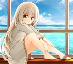 Rule 34 | 1girl, barefoot, blue sky, blush, closed mouth, cloud, commentary request, day, dress, from side, full body, hair between eyes, hands on legs, horizon, indoors, light brown hair, long hair, long sleeves, looking at viewer, looking to the side, ocean, orange eyes, original, sitting, sky, solo, tareme, very long hair, white dress, window, windowsill, yuuhagi (amaretto-no-natsu)