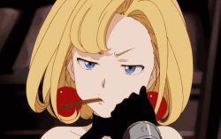 Rule 34 | 1girl, animated, animated gif, annoyed, bare shoulders, blonde hair, blue eyes, head rest, earrings, eating, frown, gloves, half-closed eyes, jewelry, junketsu no maria, lowres, maria (junketsu no maria), short hair, sleeveless, upper body
