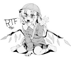 Rule 34 | 1girl, :d, bad id, bad twitter id, bag, between legs, blush, buttons, commentary request, fangs, flandre scarlet, full body, greyscale, hair between eyes, hand between legs, hand up, hat, kindergarten uniform, long hair, long sleeves, monochrome, no shoes, open mouth, satchel, school hat, shamo (koumakantv), side ponytail, simple background, sitting, skirt, slit pupils, smile, socks, solo, touhou, wariza, white background