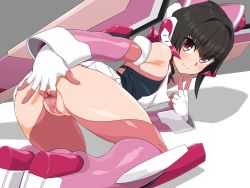 Rule 34 | 10s, 1girl, all fours, bare shoulders, black hair, blush, boots, breasts, butakoma 300g, censored, closed mouth, clothes lift, covered erect nipples, detached sleeves, elbow gloves, from behind, gloves, headgear, highres, looking at viewer, looking back, mosaic censoring, pink eyes, pink footwear, pleated skirt, pussy, senki zesshou symphogear, shadow, skirt, skirt lift, small breasts, smile, solo, spread pussy, thighhighs, tsukuyomi shirabe, twintails, white skirt