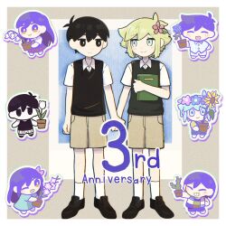 Rule 34 | 2girls, 6+boys, anniversary, aubrey (headspace) (omori), aubrey (omori), basil (faraway) (omori), basil (headspace) (omori), basil (omori), black eyes, black hair, black sweater vest, blonde hair, blue eyes, blush, brown shorts, closed mouth, collared shirt, colored skin, flower pot, green eyes, green hair, green sweater vest, hero (headspace) (omori), hero (omori), holding, holding flower pot, holding hands, kel (headspace) (omori), kel (omori), mari (headspace) (omori), mari (omori), multiple boys, multiple girls, omori, omori (omori), plant, potted plant, purple eyes, purple hair, shirt, short sleeves, shorts, smile, socks, sr ld fr, sunny (omori), sweater vest, white shirt, white skin, white socks
