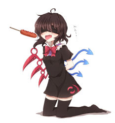 Rule 34 | 1girl, ahoge, arms behind back, asymmetrical wings, bad id, bad pixiv id, black hair, black thighhighs, blindfold, bow, brown hair, corn dog, covering privates, covering face, covering own eyes, dress shirt, fang, female focus, food, fuuen (akagaminanoka), houjuu nue, ketchup, kneeling, open mouth, sausage, sexually suggestive, shirt, solo, stick, thighhighs, tongue, tongue out, touhou, wings, zettai ryouiki