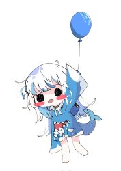 Rule 34 | 1girl, animal costume, animal hood, balloon, black eyes, blue hair, blue hoodie, blunt bangs, blush stickers, chibi, fins, fish tail, full body, gawr gura, gawr gura (1st costume), grey hair, hair ornament, highres, holding, holding balloon, hololive, hololive english, hood, hood down, hoodie, koyoinacho, long hair, long sleeves, multicolored hair, no pants, open mouth, shark costume, shark girl, shark hair ornament, shark hood, shark tail, simple background, sleeves past fingers, sleeves past wrists, smol gura, solid circle eyes, solo, streaked hair, tail, two side up, variant set, virtual youtuber, white background, wide sleeves