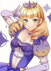 Rule 34 | 1girl, artist request, birthday, blonde hair, blunt bangs, breasts, cleavage, dress, elbow gloves, gloves, green eyes, hairband, heanna sumire, long hair, looking at viewer, love live!, love live! superstar!!, puffy sleeves, solo, tiara