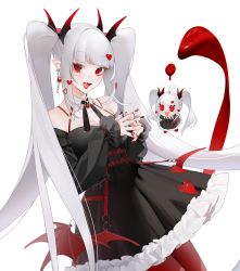 Rule 34 | 1girl, bare shoulders, breasts, cleavage, earrings, eyeliner, fangs, hair ornament, hemokinesis, highres, jewelry, looking at viewer, makeup, nail polish, ohisashiburi, original, pantyhose, pointy ears, red eyes, red lips, red nails, red pantyhose, simple background, sleeves past wrists, solo, twintails, white background, white hair