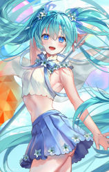 Rule 34 | 1girl, absurdly long hair, alternate eye color, aqua eyes, arm behind head, ass, bare shoulders, blue eyes, blue skirt, breasts, cowboy shot, crop top, floating hair, flower, from side, hair between eyes, hair flower, hair ornament, hatsune miku, highres, light blush, long hair, looking at viewer, midriff, miniskirt, open mouth, pleated skirt, ribbon, samo cha, shirt, sideboob, skirt, smile, solo, twintails, very long hair, vocaloid, white shirt