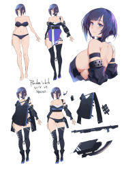 Rule 34 | 1girl, arm strap, artist name, asymmetrical legwear, back, bare back, bare shoulders, belt, black footwear, black panties, black thighhighs, blade, boots, bra, breasts, bustier, character name, character sheet, choker, costume chart, curvy, dated, detached sleeves, dress, full body, green eyes, gun, highres, holster, large breasts, light smile, looking at viewer, looking back, looking to the side, magazine (weapon), mask, multiple views, navel, neisa (pandea work), original, pandea work, panties, poncho, purple bra, purple dress, purple hair, purple panties, short hair, shotgun, sideboob, single strap, skindentation, standing, strapless, strapless bra, the elder scrolls, the elder scrolls v: skyrim, thigh holster, thighhighs, tube top, underwear, uneven legwear, upper body, variations, weapon, white background