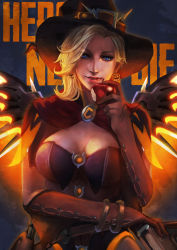 Rule 34 | 1girl, absurdres, apple, blonde hair, blue eyes, book, bracelet, breasts, brown gloves, cleavage, earrings, eating, elbow gloves, food, fruit, gloves, hat, highres, jack-o&#039;-lantern, jack-o&#039;-lantern earrings, jewelry, looking at viewer, mechanical wings, mercy (overwatch), monori rogue, official alternate costume, overwatch, overwatch 1, parted lips, solo, strap, wings, witch hat, witch mercy
