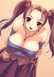 Rule 34 | 1girl, :d, bare shoulders, belt, blush, breast hold, breasts, brown eyes, cleavage, collarbone, corset, covered erect nipples, dragon quest, dragon quest heroes, dragon quest viii, dress, dutch angle, earrings, forehead, gradient background, hair tubes, jessica albert, jewelry, large breasts, leaning forward, long hair, long sleeves, looking at viewer, necklace, no bra, off-shoulder dress, off shoulder, open mouth, orange background, pouch, purple shirt, red hair, shirt, simple background, smile, solo, strapless, strapless dress, tomose shunsaku, twintails, upper body, weapon, whip