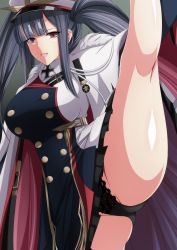 Rule 34 | 1girl, azur lane, black hair, black panties, breasts, buttons, cape, cross, double-breasted, dress, flexible, fur trim, hat, high kick, highres, hime cut, iron cross, kicking, large breasts, leg lift, leg up, long hair, looking at viewer, makiri akira, meme, military hat, multicolored clothes, multicolored dress, panties, peaked cap, peter strasser (azur lane), red eyes, solo, split, standing, standing on one leg, standing split, twintails, two-tone cape, underwear, very long hair, white cape