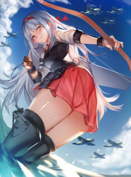 Rule 34 | 10s, 1girl, aiming, aircraft, airplane, bad id, bad pixiv id, black thighhighs, blue sky, bow (weapon), brown eyes, cloud, cowboy shot, day, gloves, hachimaki, hairband, headband, highres, kantai collection, leaning forward, long hair, looking at viewer, miniskirt, muneate, outdoors, parted lips, partially fingerless gloves, partly fingerless gloves, pleated skirt, red skirt, ribbon-trimmed skirt, ribbon trim, short sleeves, shoukaku (kancolle), silver hair, skirt, sky, solo, thighhighs, twisted torso, very long hair, water, weapon, yugake, yykuaixian, zettai ryouiki