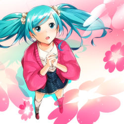 Rule 34 | 1girl, aqua eyes, aqua hair, bad id, bad pixiv id, female focus, floating hair, full body, gradient background, hatsune miku, kneehighs, long hair, matsuda suzuri, nail polish, open mouth, own hands clasped, own hands together, plant, scrunchie, skirt, socks, solo, twintails, vocaloid, white background