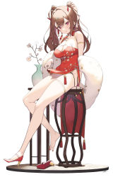 Rule 34 | 1girl, absurdres, blush, breasts, brown hair, china dress, chinese clothes, cleavage, cleavage cutout, cloba, clothing cutout, demon horns, dress, hair ribbon, high heels, highres, horns, large breasts, long hair, looking at viewer, original, red eyes, ribbon, shoes, sitting, smile, solo, stool, thigh strap, thighs, twintails, unworn shoes, virtual youtuber