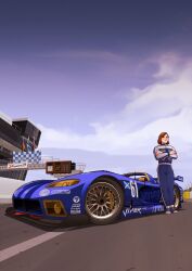 Rule 34 | 1girl, :o, arhentol, blue jumpsuit, blush, brown hair, car, checkered flag, cloud, commentary, crossed arms, dodge (company), dodge viper, english commentary, flag, highres, jumpsuit, looking at viewer, motor vehicle, original, race vehicle, racecar, racing suit, raelyn cunningham, short hair, sky, spoiler (automobile), textless version, vehicle focus