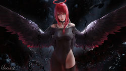 Rule 34 | 1girl, arms behind back, artist name, black choker, black dress, black thighhighs, black wings, braid, breasts, chain, chainsaw man, choker, closed mouth, cowboy shot, dress, feathered wings, feathers, hair over shoulder, halo, long hair, looking at viewer, makima (chainsaw man), medium breasts, off-shoulder dress, off shoulder, red hair, see-through, side slit, skull, solo, standing, thighhighs, unravel page, watermark, web address, wings, yellow eyes